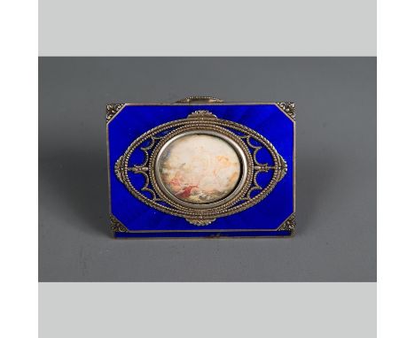 Vienna Powder Box, rectangular, with lid, silver with blue enamel, in the centre cartouche with painted Boucher scene (damage