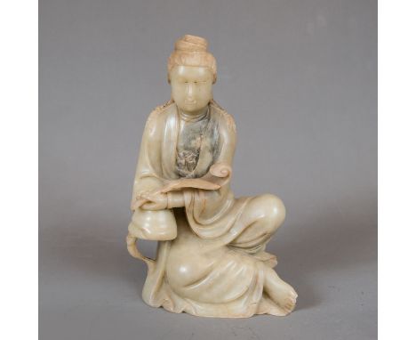 Chinese Jade Figure, of a female sitting lady with seal, light green jade with grey veins, 18/19th century, 24 cm high.