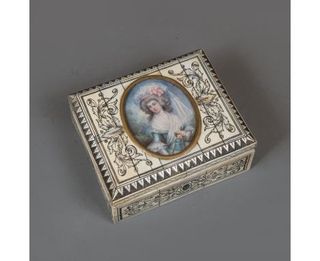 Box with Portrait Miniature, rectangular shape with lid, rich ornamental engravings, in the centre painted miniature of an el