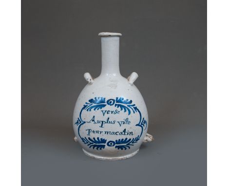 Apothecary Flask, ceramic blue painted and described on white ground, long neck with four eyelets, one damaged, 18th century,