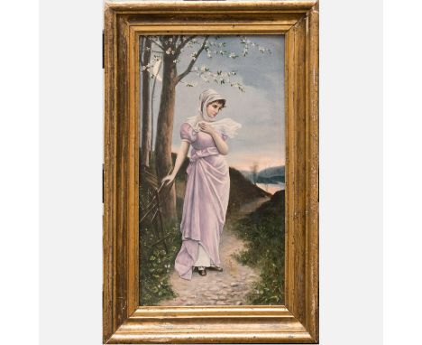 Ceramic Painting, girl at moon light, multicolours, painted and glazed, on the reverse marked, framed, 19th century, 38 x 21 