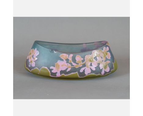 Emille Galle (1846-1904), glass bowl with pink green cutted flower and leave decorations on light blue ground, signed, early 