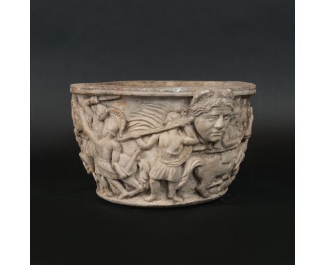 Roman Sculpted Bowl, round shape, deepened in the centre with side spout, fluted border, two sculpted faces of Hermes surroun