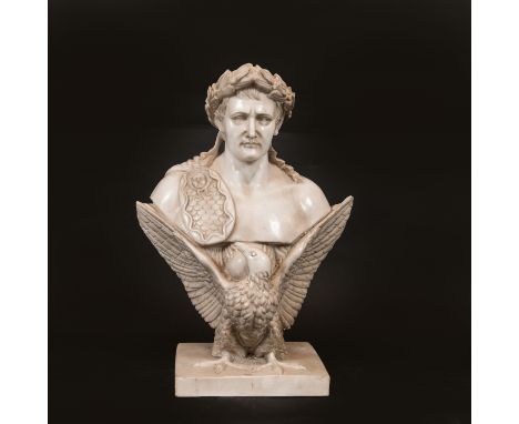 Napoleon Bonaparte (1769 – 1821), portrait bust in classical style on French eagle with Roman shield and laurel leaves on qua
