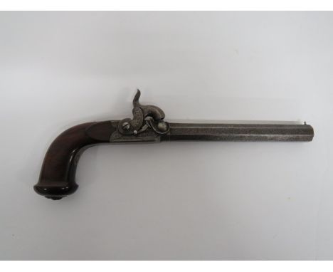 Mid 19th Century German Percussion Rifled Pistol 5 1/4 inch, 40 bore, rifled Damascus, octagonal turn off barrel.  Flat side 