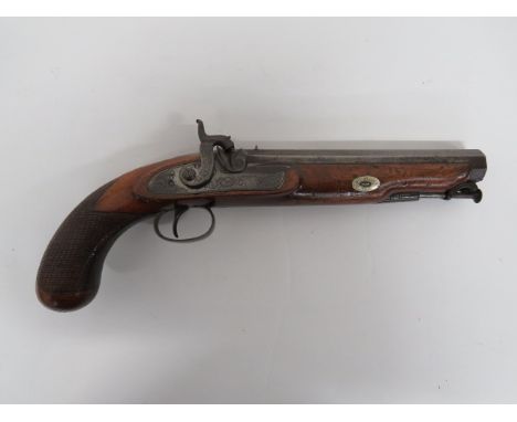 Mid 19th Century Percussion Holster Pistol by 'Smith' 8 inch, .750 cal, octagonal Damascus barrel.  The top flat engraved 'Lo