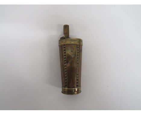 Three Way Powder Flask copper body with ball line decoration.  Brass base.  Patch box with screw off base plug.  Brass top wi