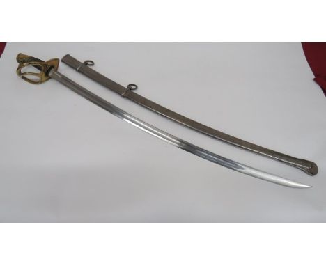 German Contract Made 1860 Pattern Cavalry Sword 36 1/2 inch, single edged, slightly curved blade.  Large fuller and narrow re