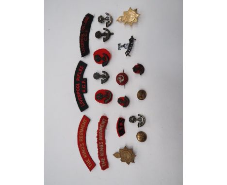 Small Selection of T6 Liverpool Badges cap badges consist white metal strung bugle on red cord boss ... Blackened example (sl