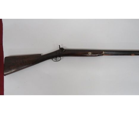 Mid 19th Century Percussion Sporting Musket 36 1/2 inch, 12 bore part octagonal barrel.  Lower rib with two copper ramrod pip