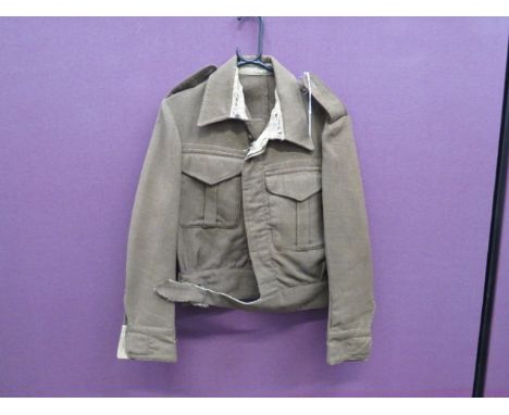 1937 Pattern Battle Dress Blouse khaki, woollen, single breasted, closed collar, short jacket.  Pleated chest pockets with bu