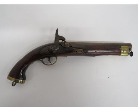 Percussion Converted E.I.C. Lancer Pistol 9 inch, 16 bore, smoothbore barrel with lower fitted steel swivel ramrod.  Breech w