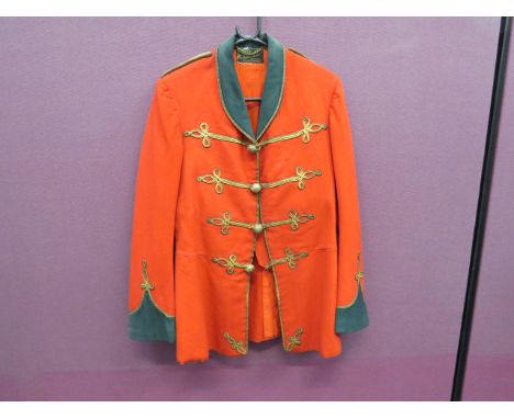 Officer Style Mess Smoking Jacket scarlet melton cloth, single breasted tunic.  Front fastened by hooks and eyes.  Green fold