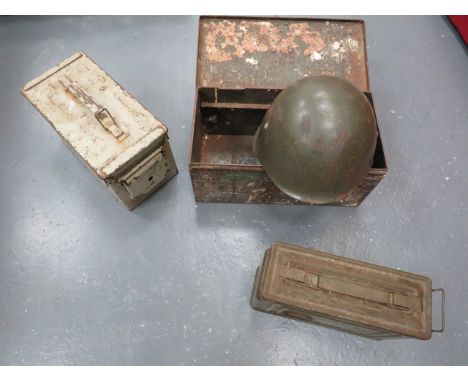 Three Various Ammunition Pouches and Continental Steel Helmet consisting American .30 MI ammunition box.  Green painted finis