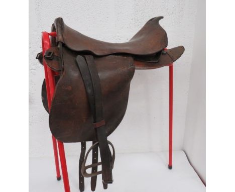 British Army 1890 MKII Trooper's Saddle dark brown leather saddle and side flaps.  Front and rear steel arches.  Lower wooden