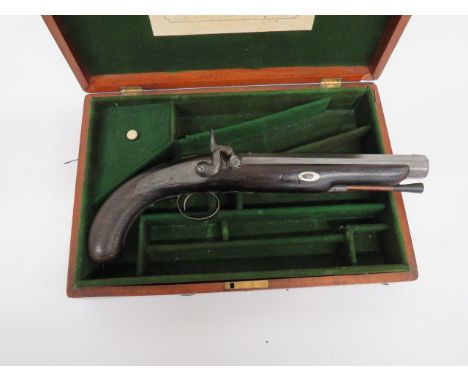 Mid 19th Century Percussion Target Pistol  8 inch, 15 bore, Damascus octagonal barrel.  Front blade sight and rear V sight.  