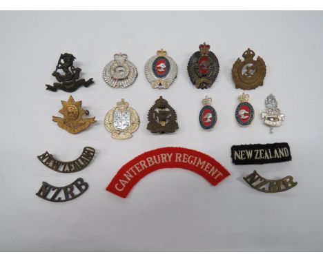 Selection of Various New Zealand Badges cap include KC brass 3rd Auckland Reg ... 6th Hauraki Reg (1 lug absent) ... KC brass