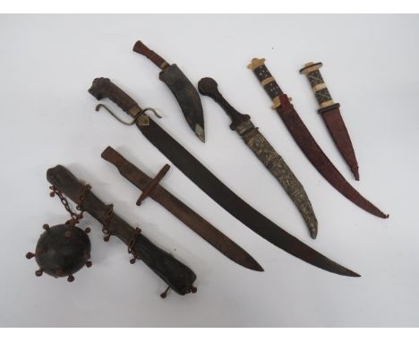 Malayan Short Parang Nabur and Small Selection of Knives 20 inch, single edged, plain blade.  Overlaid brass panels to the fo