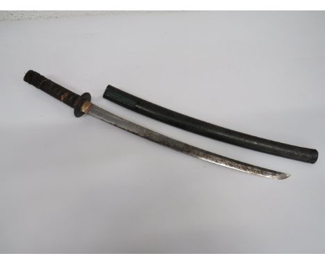 Japanese Wakizaski Short Sword 21 1/4 inch, single edged blade.  Plated copper, double habaki.  Steel tsuba with chiselled fi