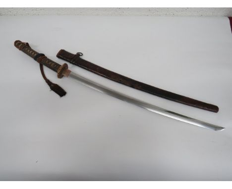 Japanese Officer's Showa Katana Sword by Miyaguchi Yasuhiro 27 inch, single edged blade. Copper habaki. Signed tan 'Miyaguchi