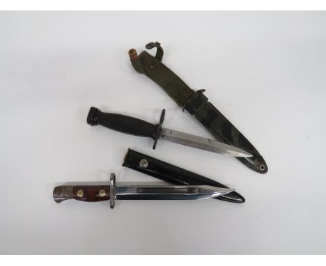 British LIAI Bayonet and USA M7 Bayonet LIAI bayonet with single edged clipped point blade.  Short fuller.  Forte stamped 'D6