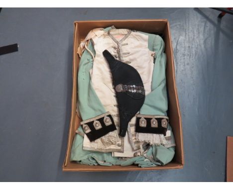 Queen Elizabeth II Coronation Pageboy's Uniform consisting pale green melton, long jacket. Black velvet cuffs with silver bra