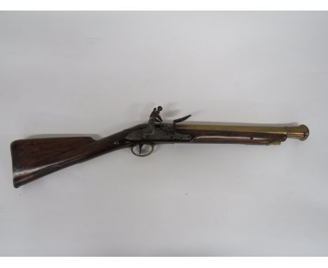 Early 19th Century Naval Pattern Brass Blunderbuss 15 3/4 inch, brass bell mouth blunderbuss barrel. Military pattern lock pl