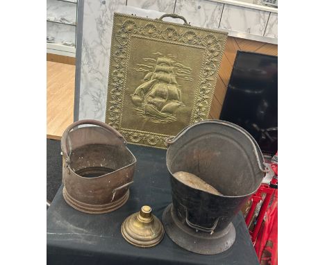 Selection of metalware to include two buckets and a fire screen 