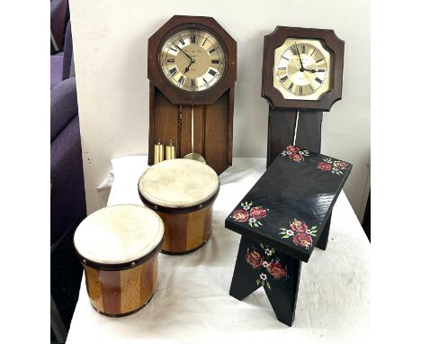 Selection of items to include a bongo, two clocks and a stool 