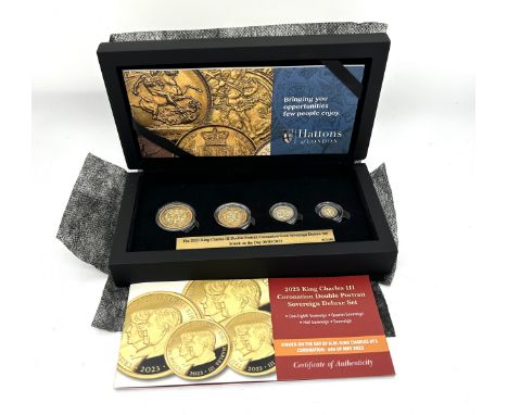 Cased Hattons 2023 22 carat King Charles III coronation double portrait gold deluxe sovereign proof set  The sovereign the ha
