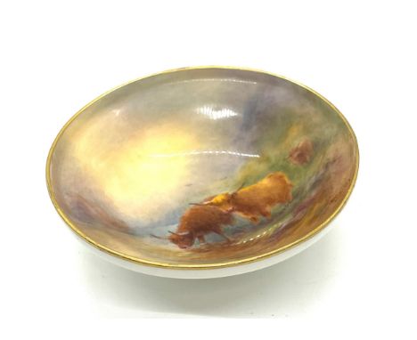 Hand painted Royal Worcester bowl Highland Cattle signed Stinton Puce Mark. 