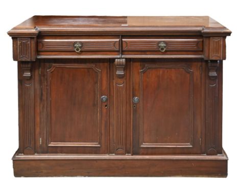 A Victorian mahogany inverted breakfront sideboard,&nbsp;enclosed by panelled doors, the drawers with brass handles, 98cm h; 