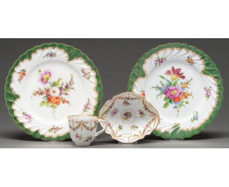 A pair of Dresden spirally fluted dessert plates, 20th c,&nbsp;painted with Deutsche blumen, green scale borders and gilt C-s