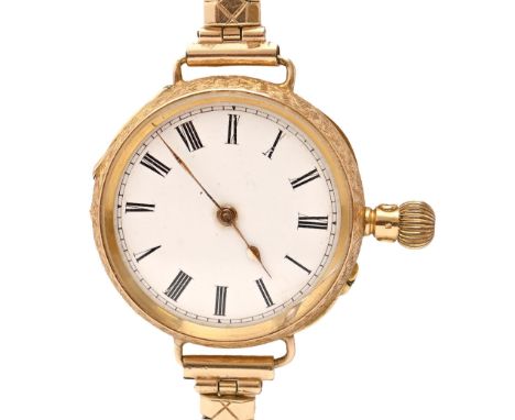 A Swiss 18ct gold keyless cylinder lady's watch, c1900, in engraved case, with gold cuvette, 33mm diam, on later gold plated 