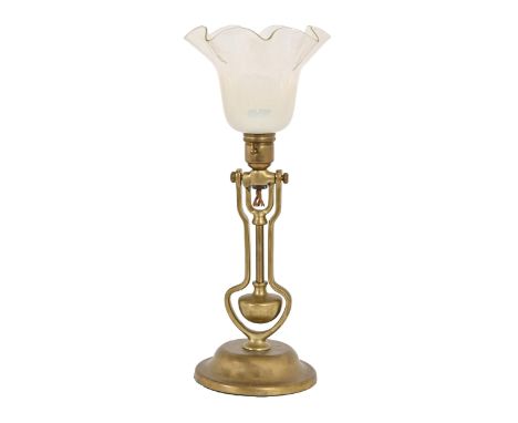 A Playmit brass gimbaled lamp, early 20th c, with contemporary glass shade, the base stamped Playmit AP9009, 39cm h  