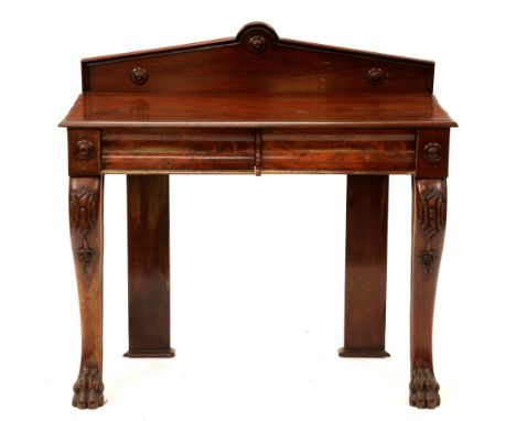 A Victorian mahogany console table, fitted with two cavetto drawers, on carved scrolling forelegs, 102cm h; 46cm x 105cm  No 