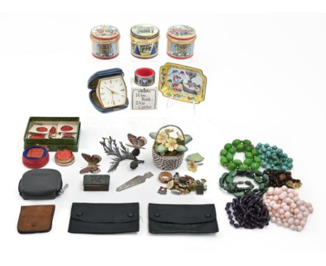 Three Halcyon Days enamel drum shaped boxes,&nbsp;miscellaneous costume jewellery, to include a necklace of vivid green pheno