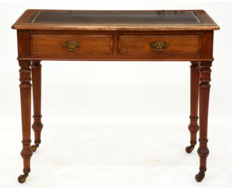 A Victorian mahogany writing table, c. 1890, rounded rectangular top with inset tooled and gilt leather writing surface, two 