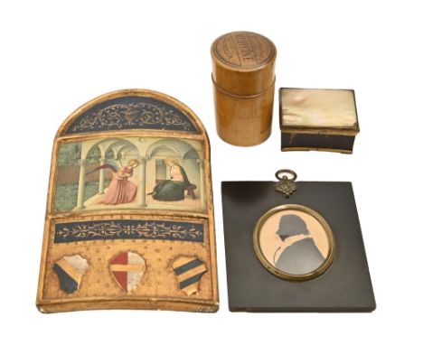A copper gilt, tortoiseshell and mother of pearl snuff box, late 18th c,&nbsp;5.2cm l, an early 19th c English silhouette of 