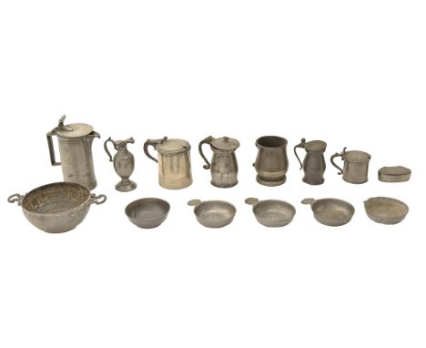 Miscellaneous English and Continental pewter measures and other articles, including a snuff box, 18th and 19th c  Some damage