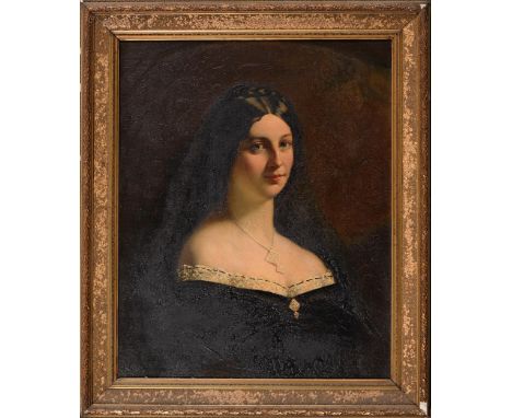 English School, 19th c - Portrait of Clara Swinfen, nee Bickham, bust length in lace trimmed black dress and pearls, oil on c