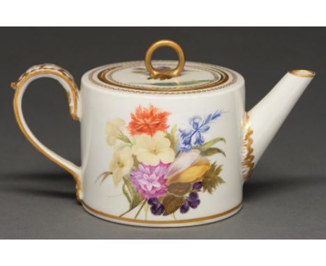 A Derby drum-shaped&nbsp;cabaret teapot and cover, c. 1790, painted by William Billinglsey with flowers on a white ground, ac