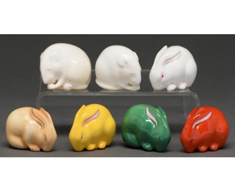 Five Royal Worcester miniature models of rabbits, late 19th and early 20th c, one later&nbsp; and two Royal Worcester white m