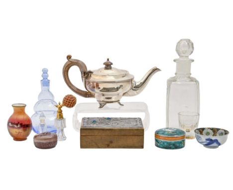 An Arts and Crafts pewter mounted cigarette box, 12cm diam, an EPNS bachelors teapot, vintage glass scent bottles, decorative