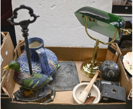 A Victorian style painted cast iron doorstop&nbsp;in the form of a duck, twin handled stoneware vase, vintage camera and bank