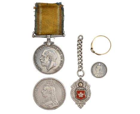 British War Medal 1992, Private A J Bell Leic R, Crown 1892, a silver watch fob shield, diamond ring and another silver coin 
