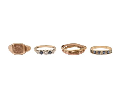 Two sapphire and diamond rings in gold, a gold signet ring, and a three-coloured gold Russian wedding ring, 9.3g, size G, I, 