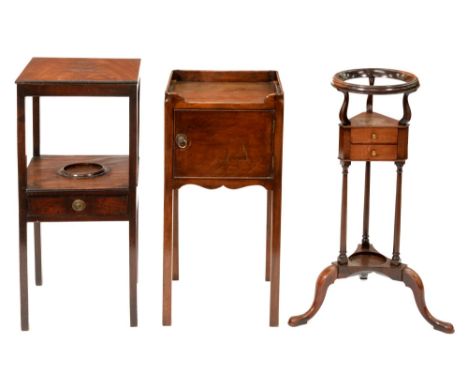 A Victorian mahogany pot cupboard, c1900, 76cm h; 35cm x 35cm, a mahogany tripod washstand in George III style and a George I