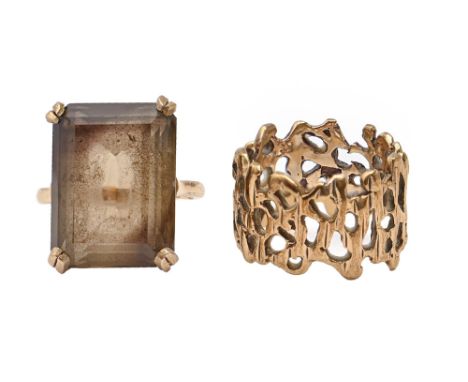 A Modernist 9ct gold textured openwork ring and a citrine ring in 9ct gold, 14.4g, size L  Undamaged