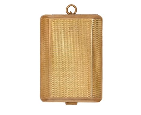 A George V 9ct gold book match case, engine turned, 62mm long, by William Neale Ltd, Birmingham 1928, 35.8g  Good condition